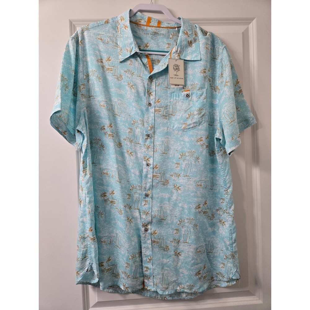 Age of Wisdom Men XXL Tropical Palm Tree Print Modal Button Down Shirt Turquoise
